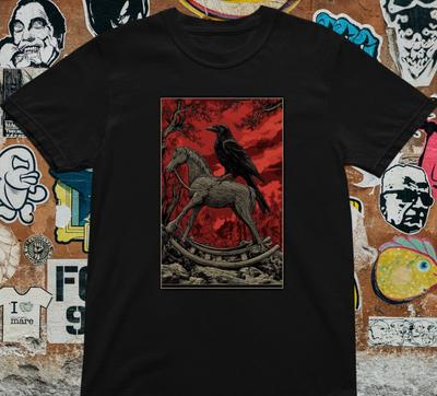 Gothic Raven T-Shirt – Dark Crow & Horse Graphic Tee, Occult Horror Style Top