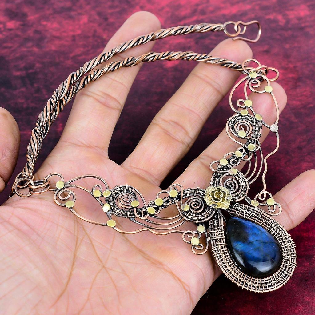 Colar de Pedra Labradorita Joia Enrolada com Fio de Cobre Colar Ajustável