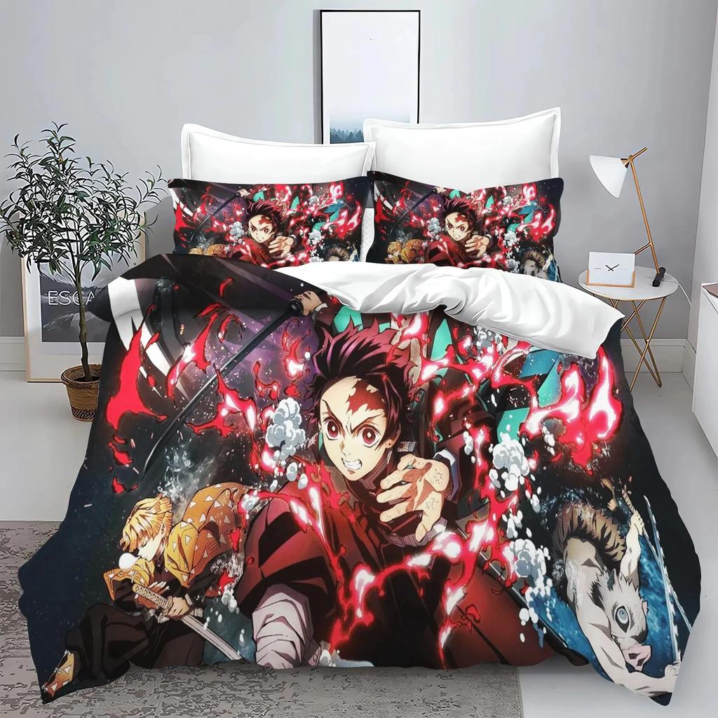 Demon Slayer Kimetsu no Yaiba kamado Nezuko Anime 100% Polyester Bettwäscheset Bettbezug-Set Gedruckte Cartoon Heimdekoration