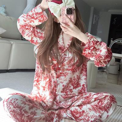 Spring and Summer Ice Silk Women's Printed Pajamas Homewear Set Girls Senior Sense of Long Pants Pajamas Homewear Set