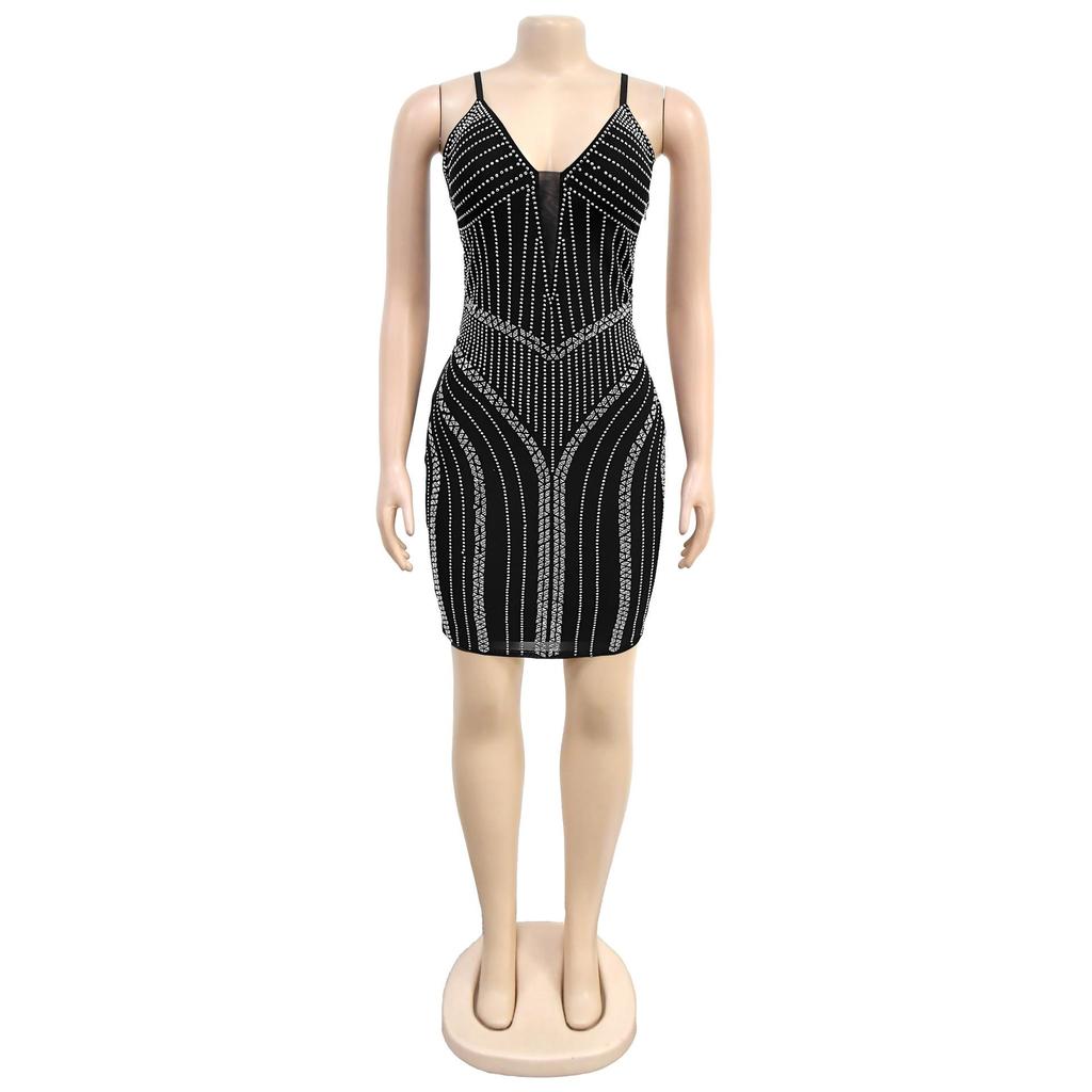 C7215 European & American Fashion Spaghetti Strap Rhinestone Dress - Sexy Tight Sleeve Short Dress for Women