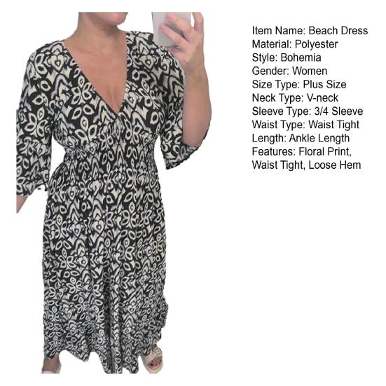 Sommer V-Ausschnitt, halbe Ärmel, hohe Taille, plissiertes Strandkleid, Damen, Blumenmuster, bedruckt, böhmisches Maxikleid, lockere Passform, Urlaubskleid