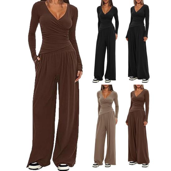 Women's 2 Piece Lounge Sets V Neck Long Sleeve Top And Wide Leg Pants Set Spring Autumn Casual Outfits