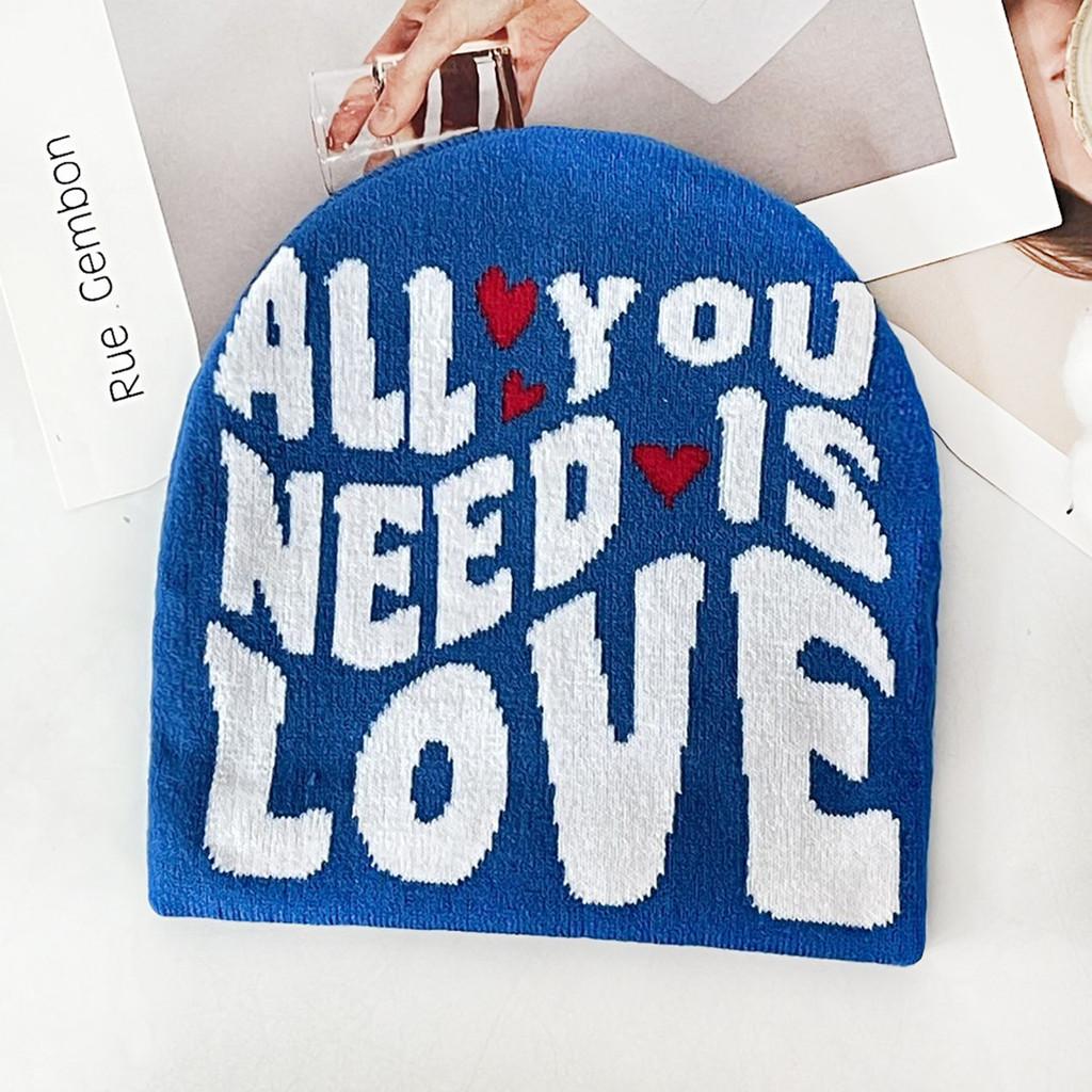 Color Simple Blocked Letter And Heart Pattern Women Casual Warm Hat Knitted