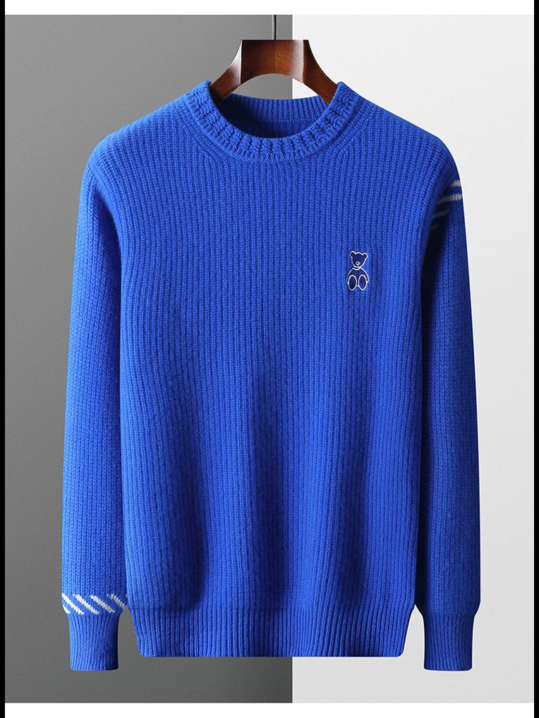 Men's 100% Wool Round Neck Sweater - Thickened, Fashionable, Casual Loose Fit for Teens, Solid Color Knitted Design.