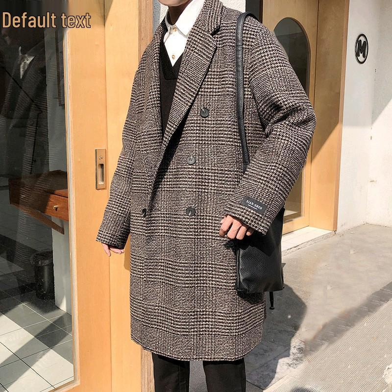 Men's Trendy Double-Breasted Plaid Wool Coat - Autumn/Winter Korean Style, Large Size Hong Kong Fashion