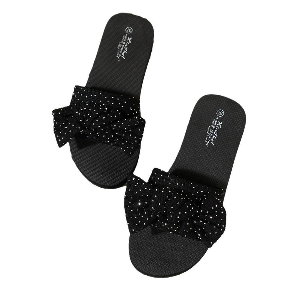 Damen Elegante Mode Flache Schleifen-Slipper Schwarz Bequem Vielseitig Wunderschön Strass Urlaub Coole Slipper