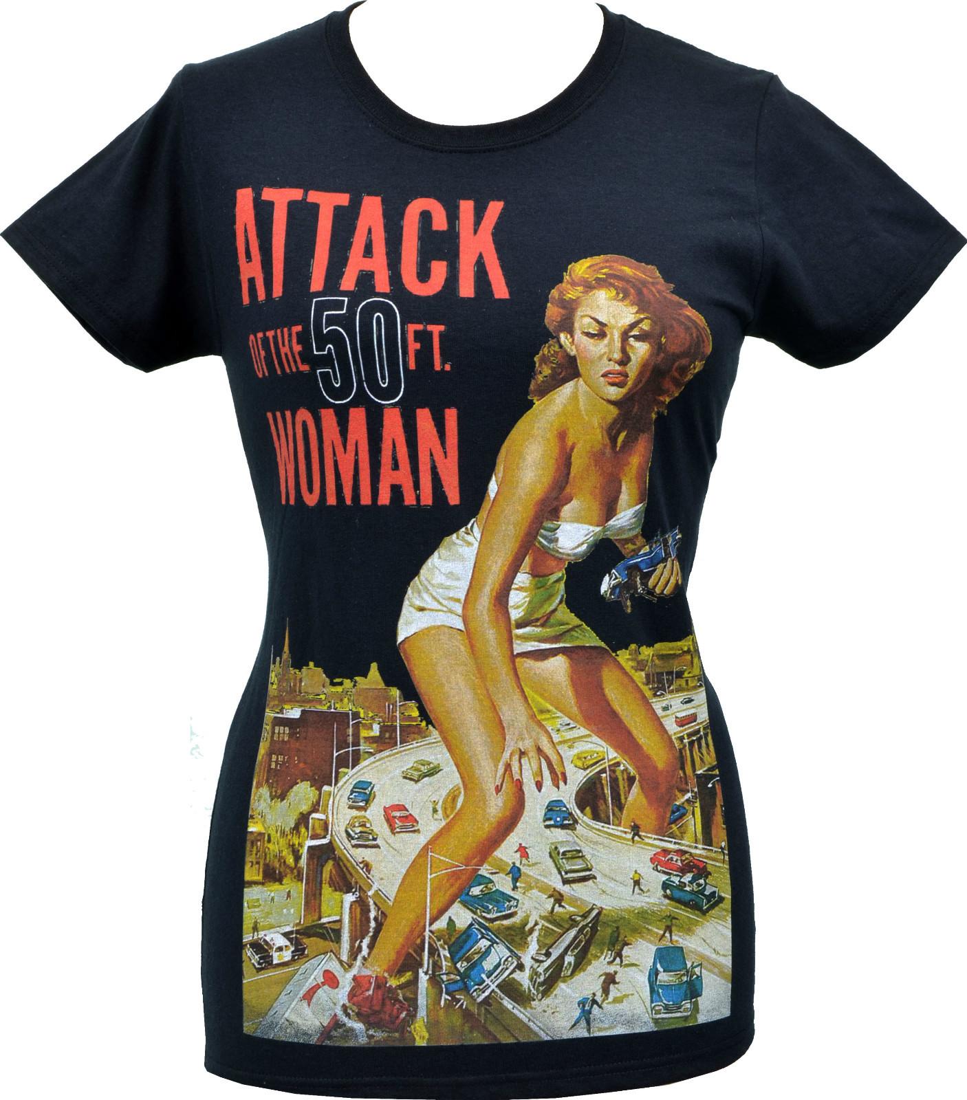 Womens B-MOVIE T-Shirt Attack of the 50ft Woman Horror Sci Fi Vintage Pin-up S