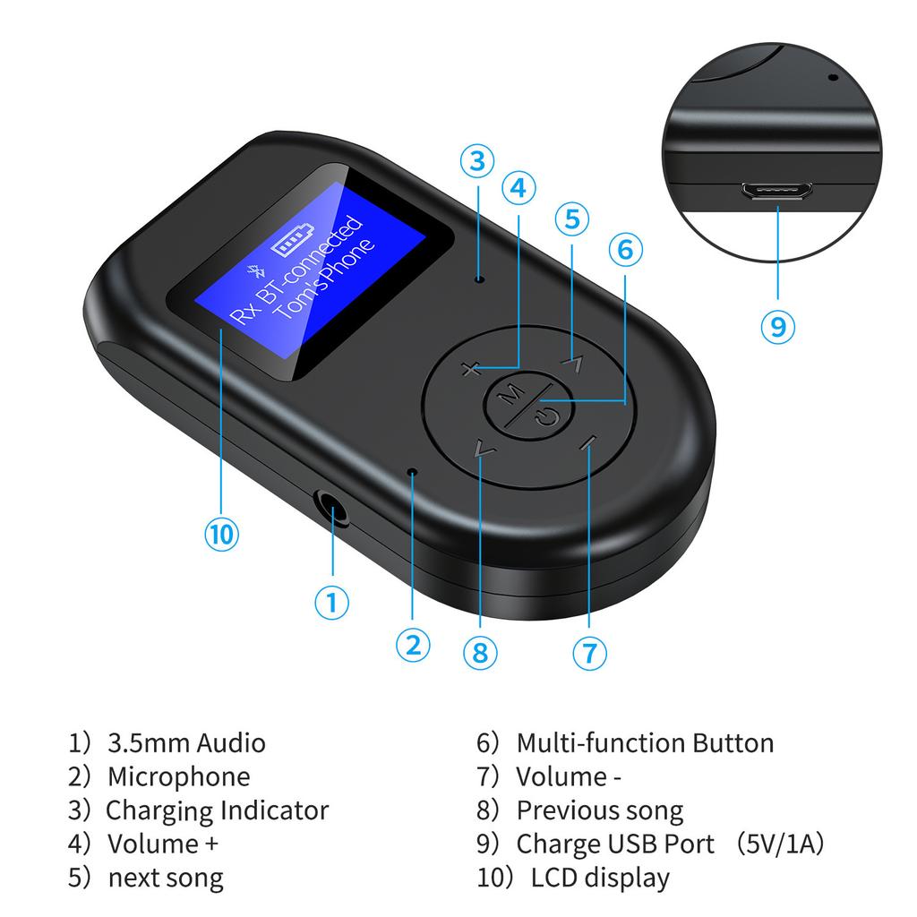 Bluetooth 5.0 Transmitter Receiver 3.5mm AUX 3 in 1 Wireless Bluetooth Adapter With Display Screen Low Latency Audio Adapter LCD