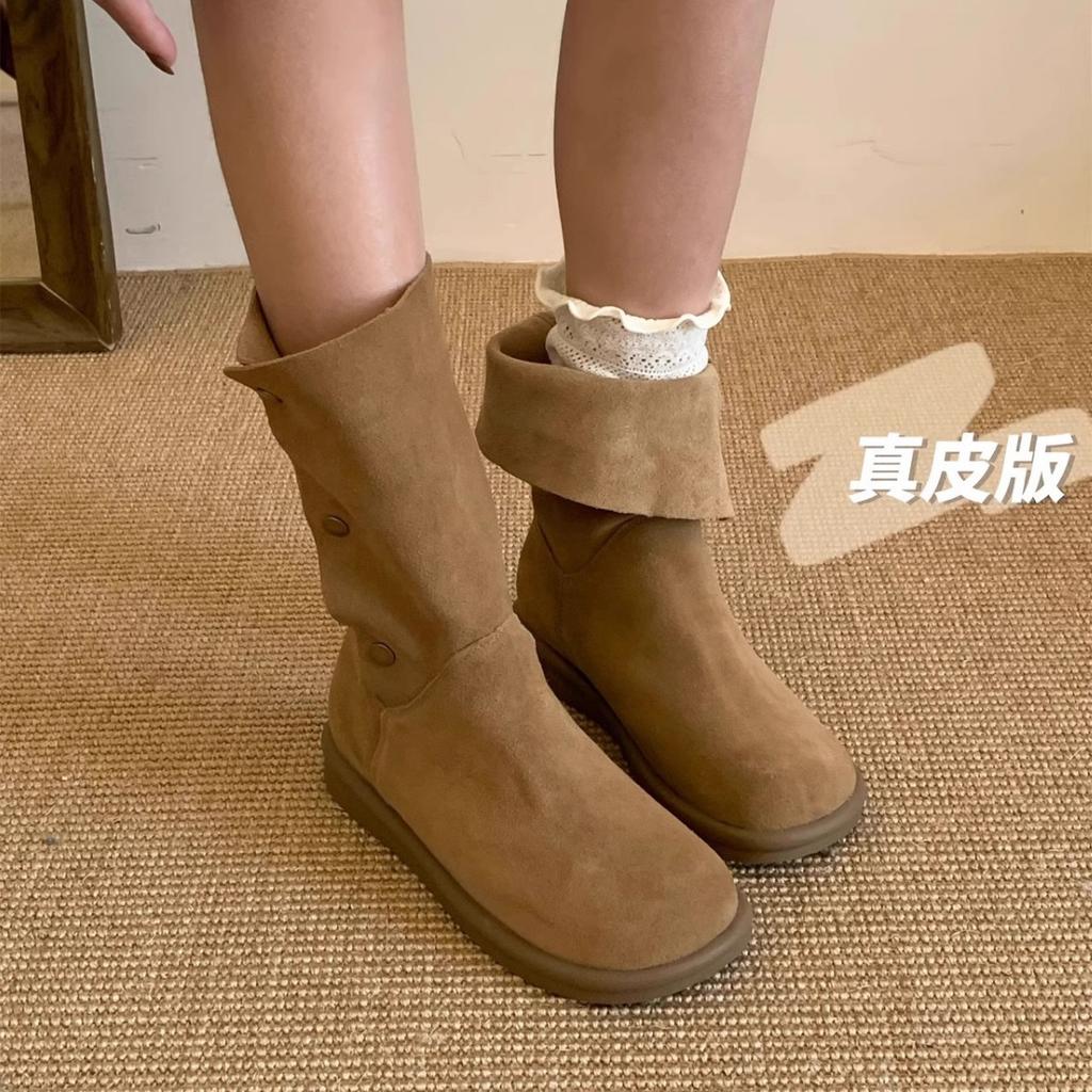 Soft leather platform version~ retro short Martin boots for women in autumn and winter, matte button stacking boots with skirt boots