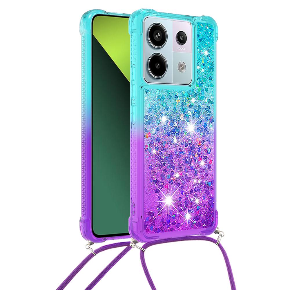 

For Xiaomi Redmi Note 13 Pro 5G/Poco X6 5G TPU Case Gradiant Quicksand Shockproof Cover with Lanyard Sky Blue+Purple