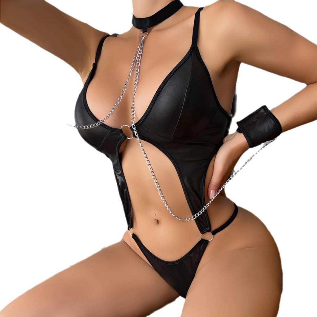 European & American Sexy Patent Leather Lingerie: Women's Handcuffs, Hollow Passion Jumpsuit.