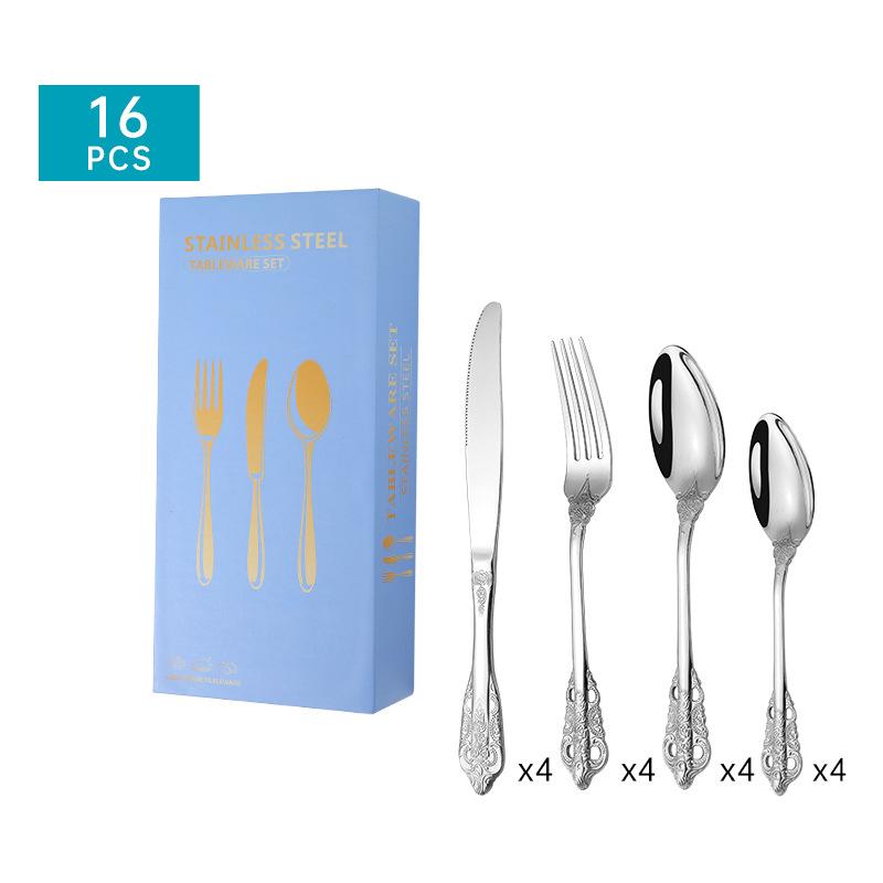 

Посуда в стиле вестерн из нержавеющей стали, костюм из 16 предметов, высококачественный нож для стейка с тиснением из нержавеющей стали 304, вилка и ложка