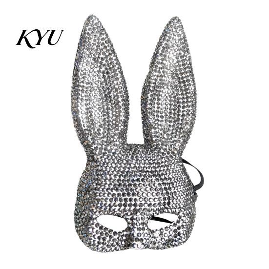Nightclub Dance Mask Disco Mirror Rhinestone Rabbit Mask, Sparkly Glitter Bunny Face Ball for Halloween Party, Shiny Reflective Ear Festive