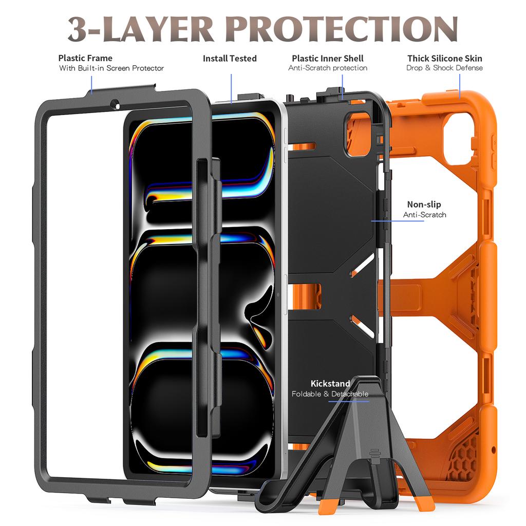 For iPad Pro 11 (2025)/11 (2024) Case PC+Silicone Kickstand Tablet Cover with PET Screen Film