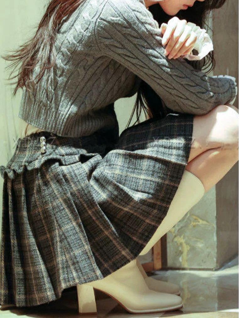 Zhao Jinmai Gray Plaid Knit Skirt Suit - Miao Series Inspired by Nie Xiguang Small