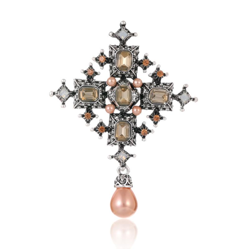 Broșă Cruce Vintage Baroc cu Strassuri pentru Femei Bărbați Cristal Perle Picătură de Apă Broșă Bijuterii pentru Birou Petrecere Cadou