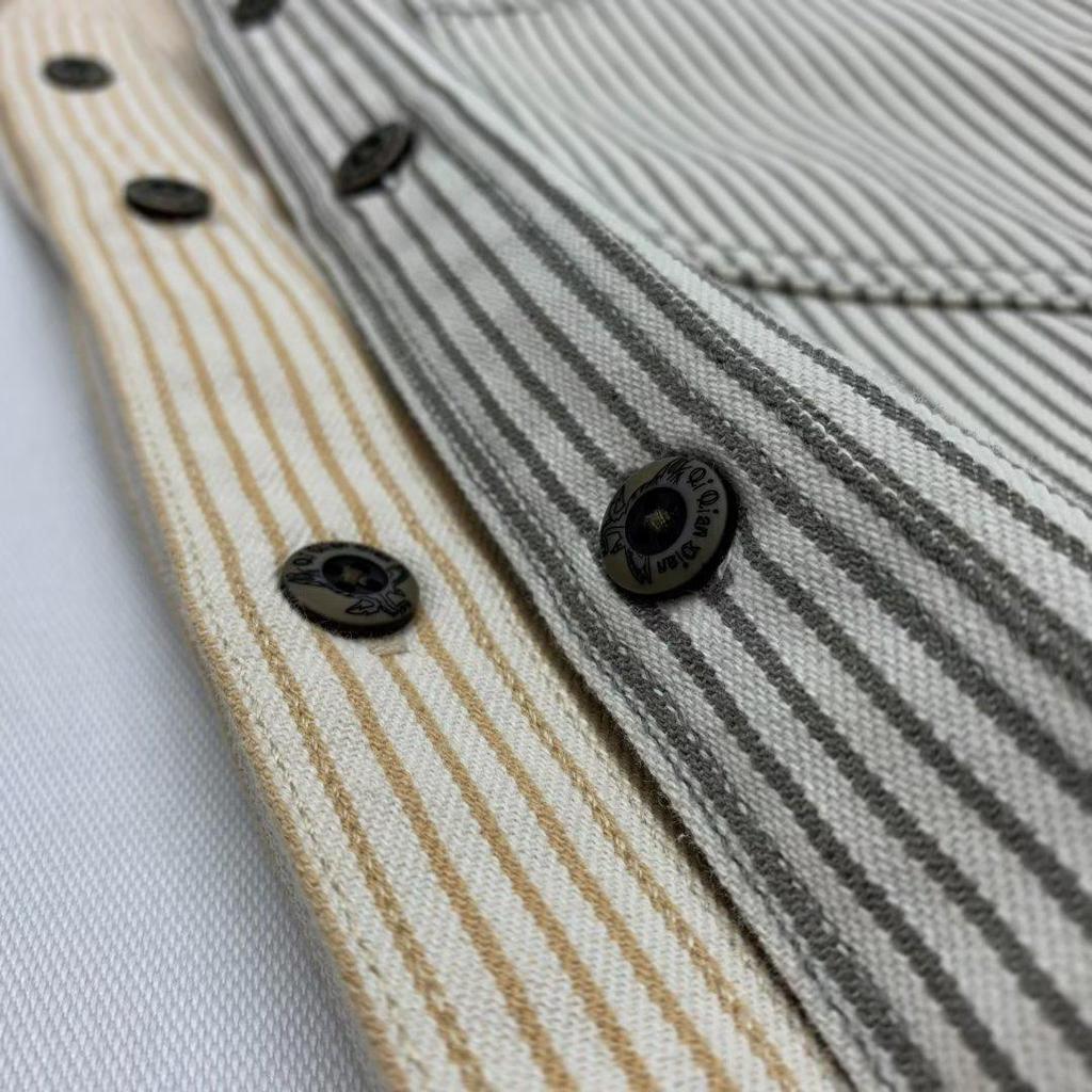 Unisex Retro Japanese Khaki Striped Long-Sleeve Shirt