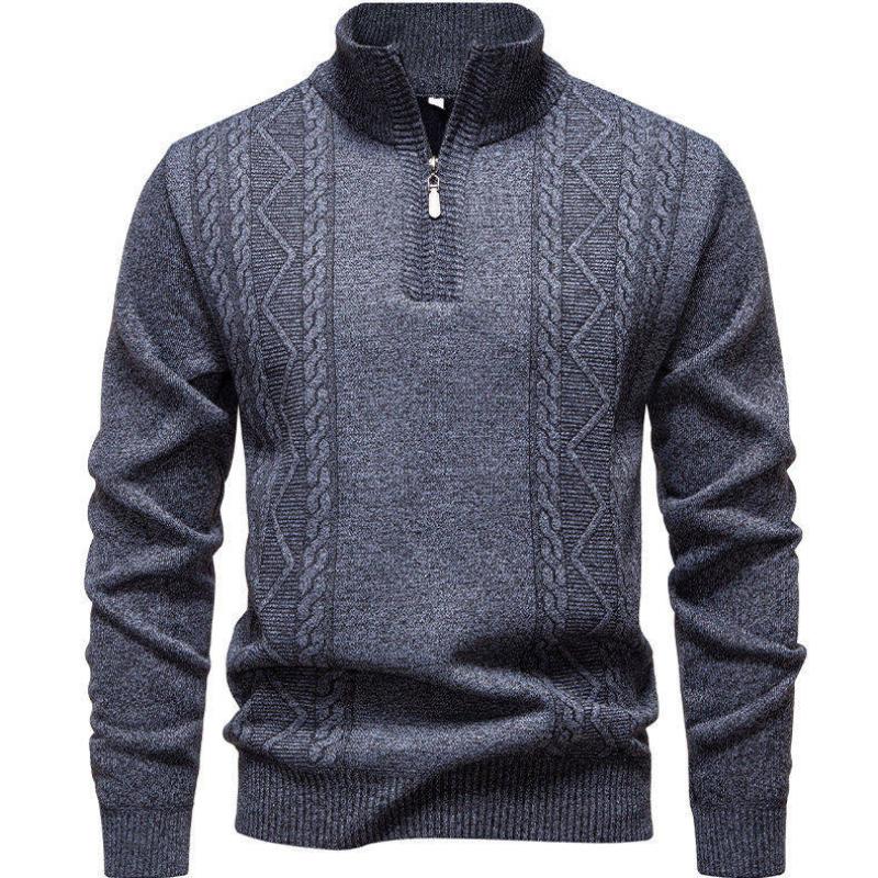 Men Fleece Lined Jacquard Sweater Autumn Winter New Stand Collar Pullover Zip Mock Neck Casual Loose Soft Knit Top
