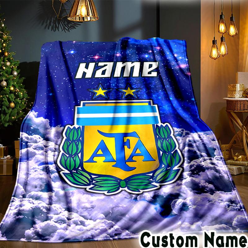 Custom Name Argen-tina Football Crest Throws Blanket Flannel Blankets for Couch Bed Gifts for Men Women Picnic Blanket Christmas Fan Gifts