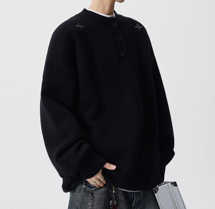 Unisex Autumn & Winter Henley Collar Embroidered Sweater - Trendy Solid Color Knitwear 3XL