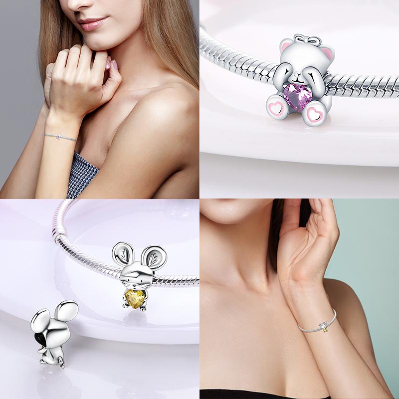 Charms Kupferrosa Katze Eule Tier Herz Zirkonia Charm Perlen Passen Original Armbänder Feiner DIY Schmuck
