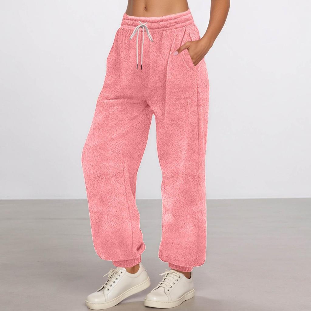 Women's Fashionable Solid Color Pocket Drawstring Elastic Waist Plush Casual Pants
