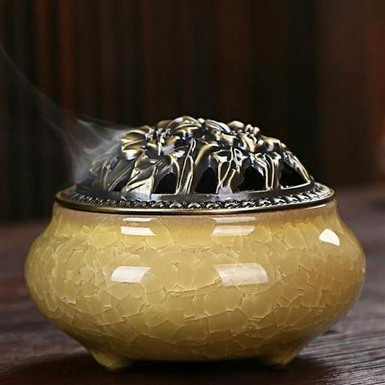 Colorful Crackle Glaze Ceramic Aromatherapy Burner with Bronze Cover for Household Incense and Mosquito Repellent