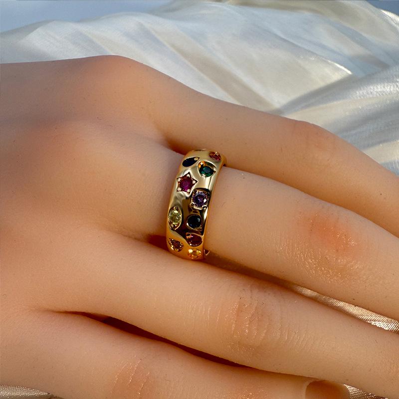 Inel la modă european și american cu zirconiu colorat încrustat – Design retro de lux ușor