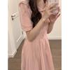 French Pink Doll Collar Summer Dress - Women's Loose Short Sleeve, Waist-Cinching, College Style.