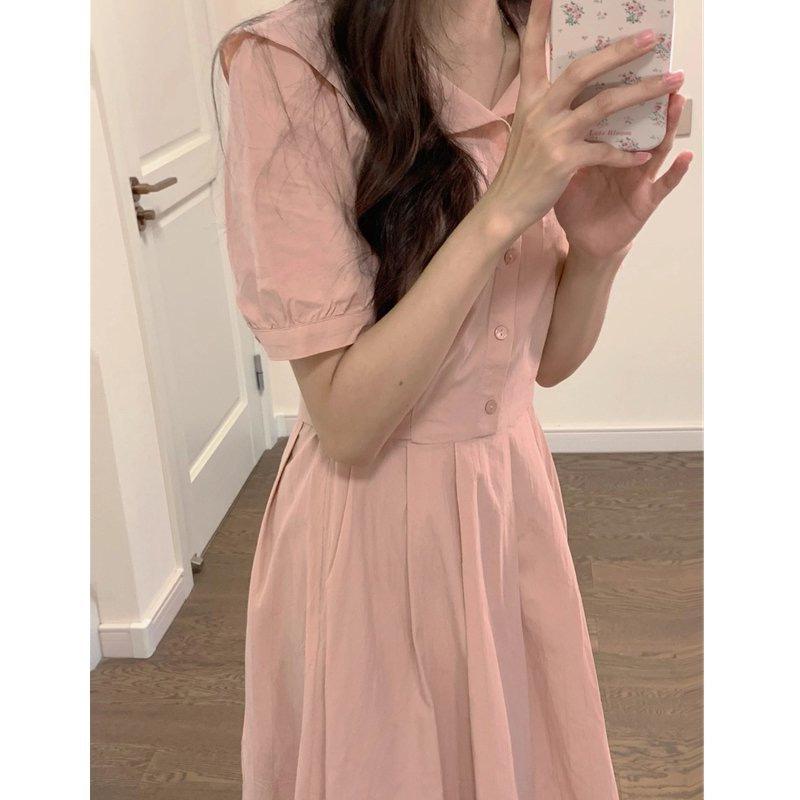 French Pink Doll Collar Summer Dress - Women's Loose Short Sleeve, Waist-Cinching, College Style.