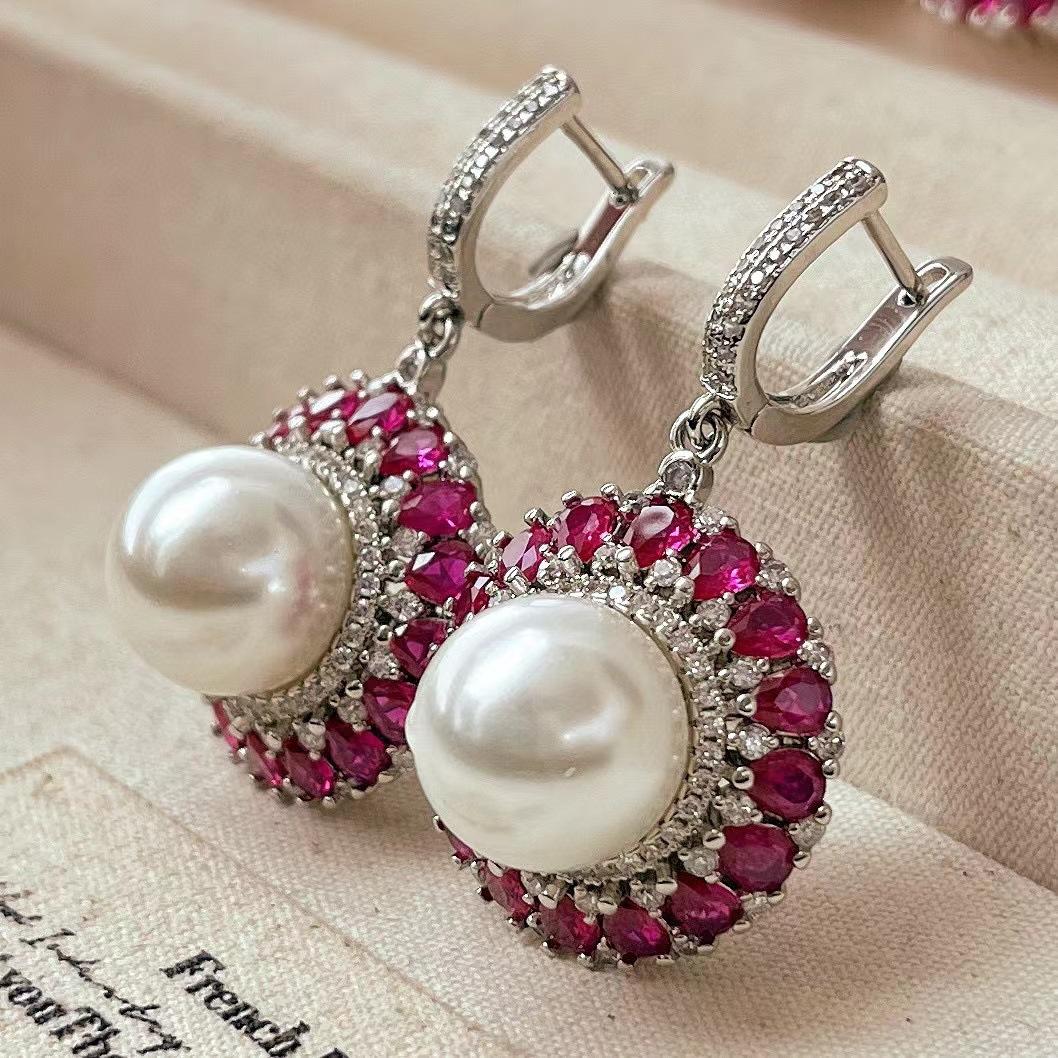 Vintage High Quality Imitation Ruby Bead Pearl Earrings Earrings