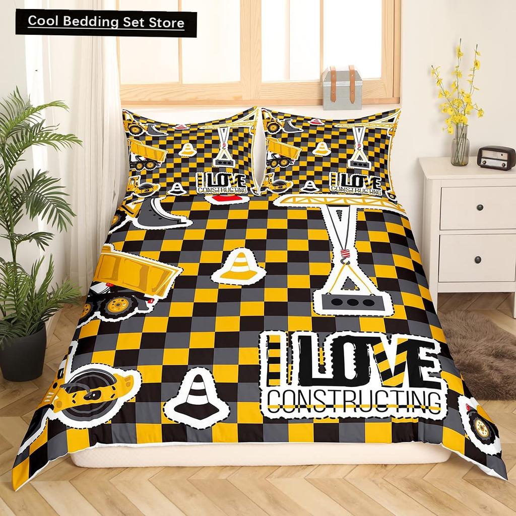 Truck Excavator King Queen Duvet Cover Yellow Tractor Bedding Set for Kids Boys Girls Cartoon Car Transporter 2/3pcs Quilt Cover