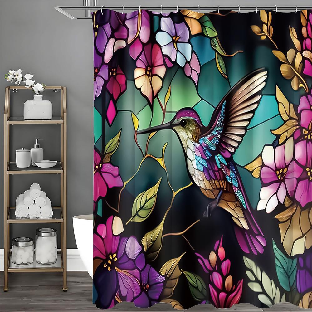 Hummingbird floral shower curtain, bathroom decorative shower curtain, waterproof shower curtain with hooks