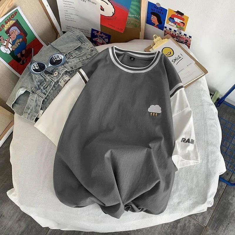 Tops Frauen Baumwolle Sommer Rundhals T-shirt kurzarm Lose Gedruckt Gefälschte Zwei Lose Bequeme Tops