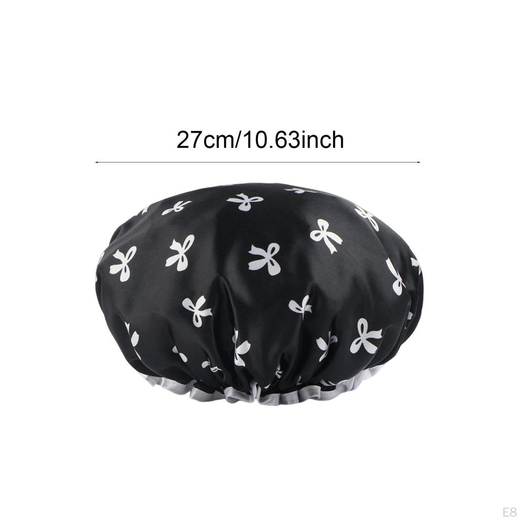 Double Layer Satin PVC Waterproof Reusable Shower Cap with Bow for Women Suitable Shower, Bath,