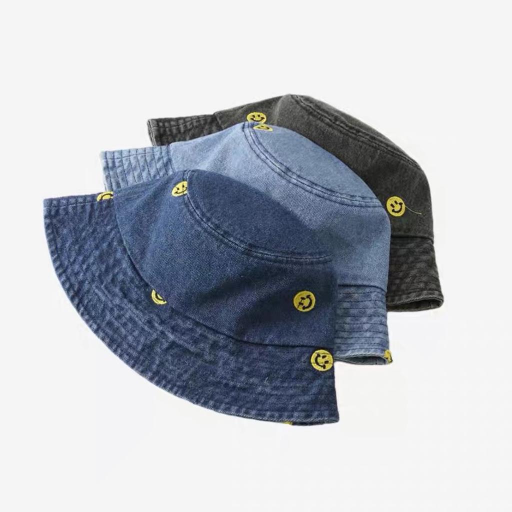 Japanese Simple Smiley Face Embroidered Denim Fisherman Hat Girl Harajuku Vintage Pot Hat Korean Version Spring and Summer Sun Protection Sun Hat Man
