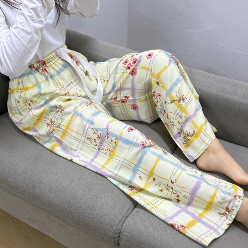 Damen-Blumen-Baumwoll-Seiden-Pyjama - Große Größen, Sommer, Leicht, Für draußen, Gerades Bein, Lockerer Schnitt