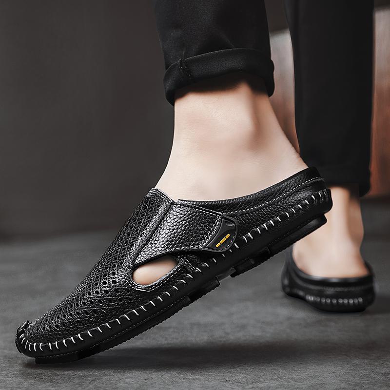 Half Shoes For Men Leather Mules Men Semi-Drag Casual Shoes Man Slides Backless Loafers Slippers Slip On Flats 2024