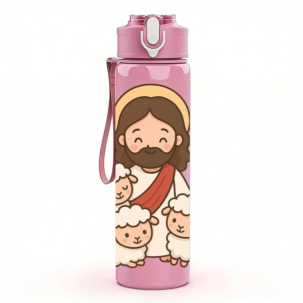 1PC Jesus Surrounded By Sheep Print 750ml Color Plastic Sports Water Bottle Leakproof Flip Straw Lid Suitable for Sports Office Home Use