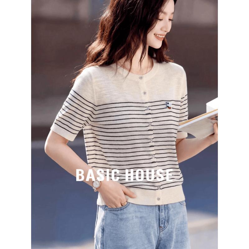 Basic House Women s Summer Striped Embroidered Short-Sleeve Knit Cardigan L