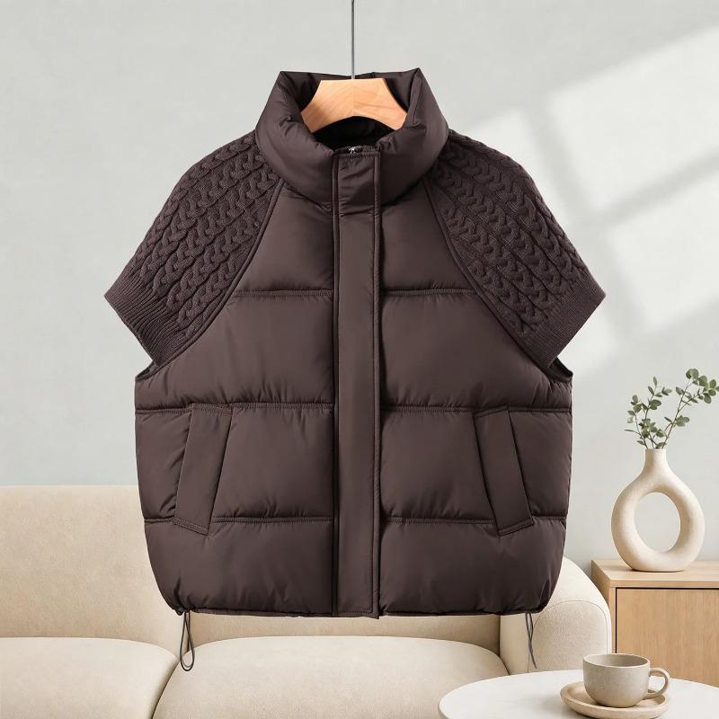 Fashion Knitted Stitching Stand-up Collar Vest Women Autumn Winter Short Warm Loose Sleeveless Ladies Waistcoat Coat