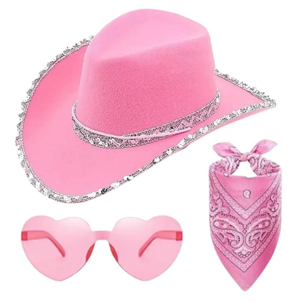 Fluffy Trim Bandana Heart-Shaped Glasses Pink Halloween Costume Accessories Set Cowboy Hat Women