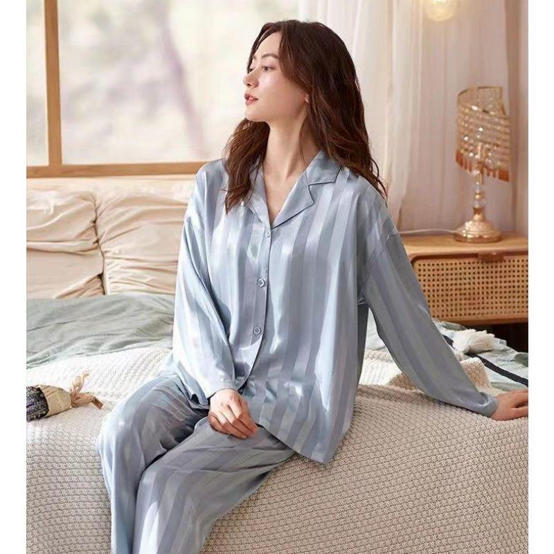 Women's Striped Pajama Set Solid French Silk Satin Pajamas  Two Piece Set Comfortable Home Pajamas