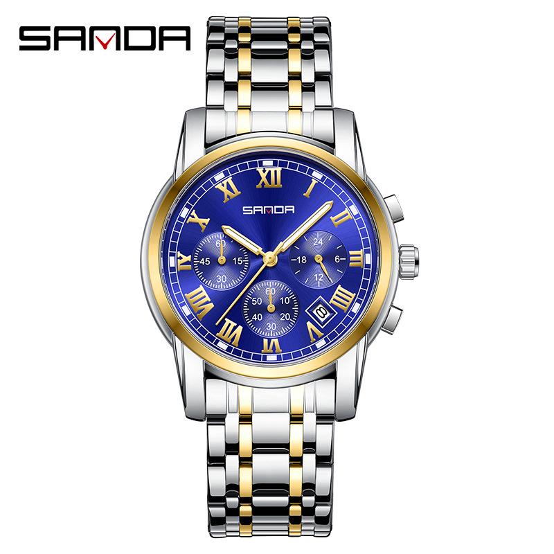 Sanda Men's Waterproof Luminous Quartz Watch - Fashionable Three-Eye Six-Hand Design with Steel Band.