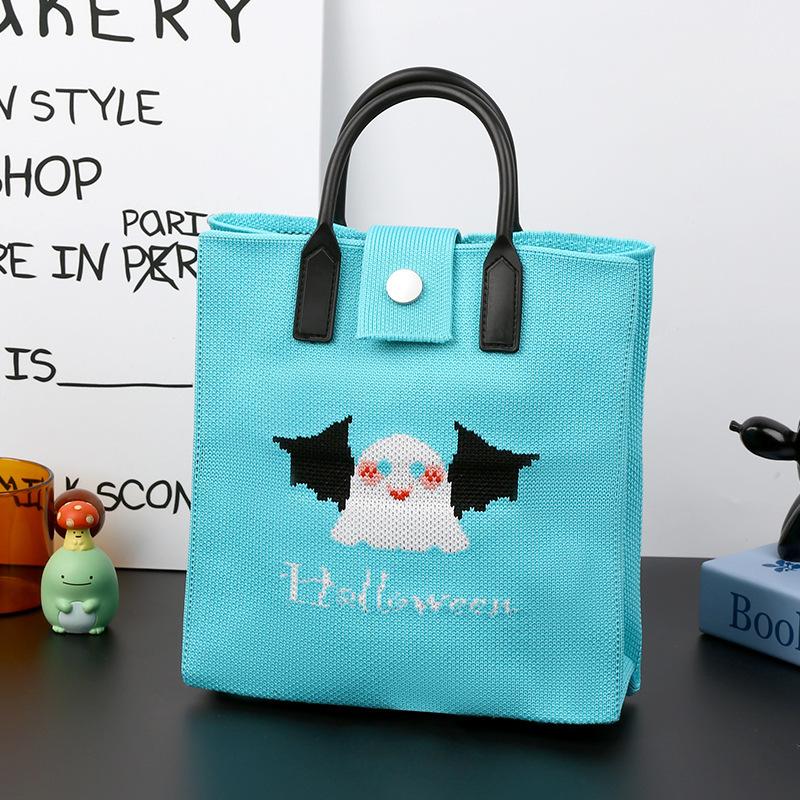 Halloween Themed Knitted Handbag Cartoon Ghost Pumpkin Print Shoulder Crossbody Bag Women Casual Phone Pouch Halloween Gift Bag