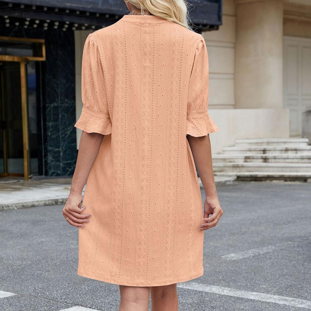 Women's Loose Casual Solid Color Five Quarter Sleeve V-neck Loose Dress Fashionable Dress