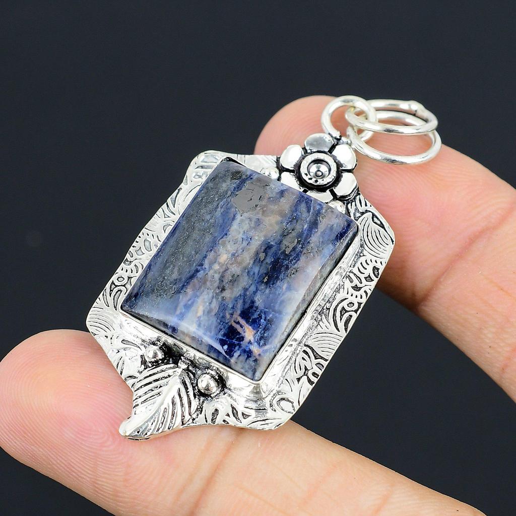 Daughters Day Sale Sterling Silver Sodalite Gemstone Wife Wedding Flower Pendant