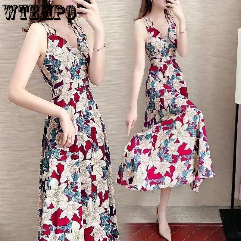WTEMPO Summer Women's Large Size Dress Slim and Thin Floral Dress Waist-skimming Temperament Beach Dress Loose Print Floral Dress