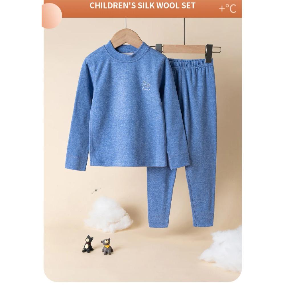 Kids Wool & Silk Thermal Underwear Set Breathable Warm Base Layer Pajamas Soft Cozy Winter Loungewear for Boys & Girls